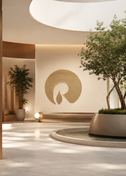 The atrium at Reliance Swasthya, with planted seating and a gold brand relief