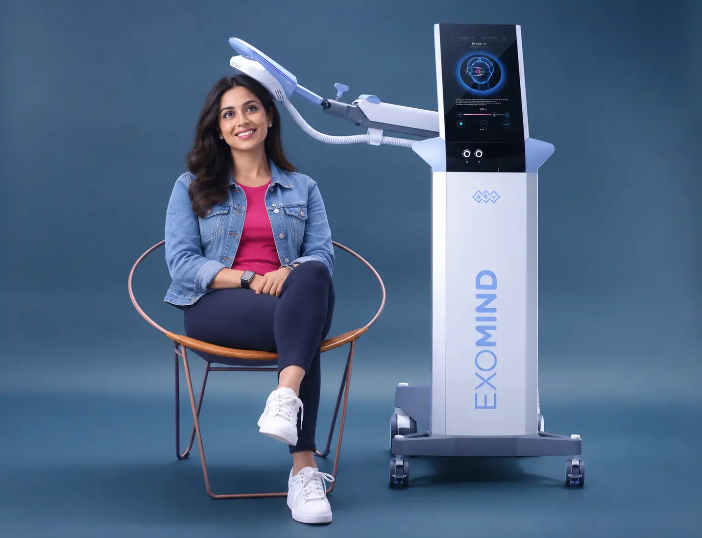 A patient seated beside the EXOMIND treatment console