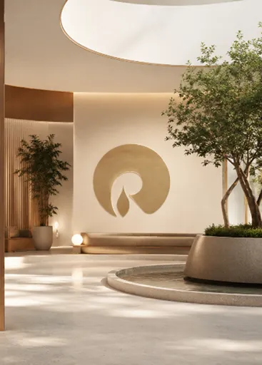 The atrium at Reliance Swasthya, with planted seating and a gold brand relief
